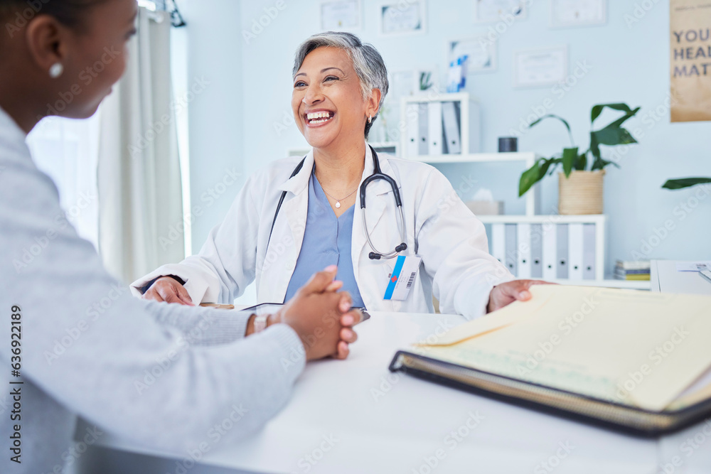 Happy doctor, patient and talking at consultation in hospital with a woman for medical advice. Healt