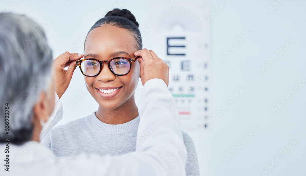 Vision, glasses choice and optometrist with black woman patient, healthcare and prescription lens wi