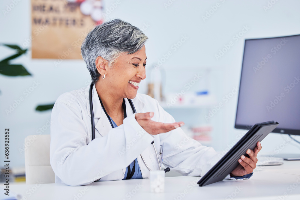 Smile, woman and doctor with a tablet, video call and connection with healthcare, help and meeting. 