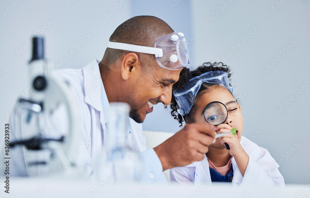 Lab study, father and child with magnifying glass for plant learning, research and science. Scientis