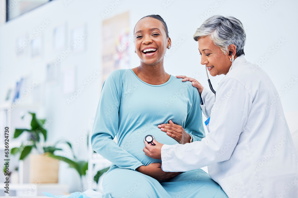 Doctor, woman portrait and heart rate pregnancy in a hospital with mama and baby care. Wellness, abd