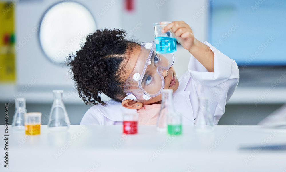 Science, learning and research with child in laboratory for experiment, education and health. Future