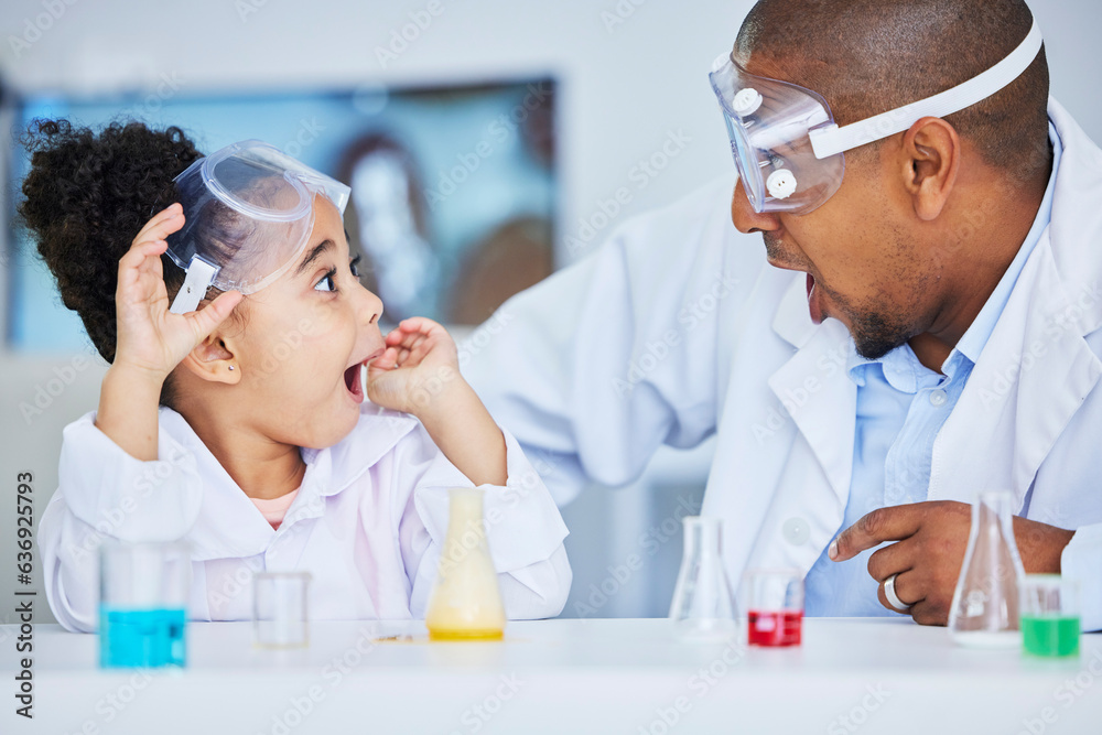 Wow, father and girl with chemistry experiment, knowledge and learning with omg, excited and school.