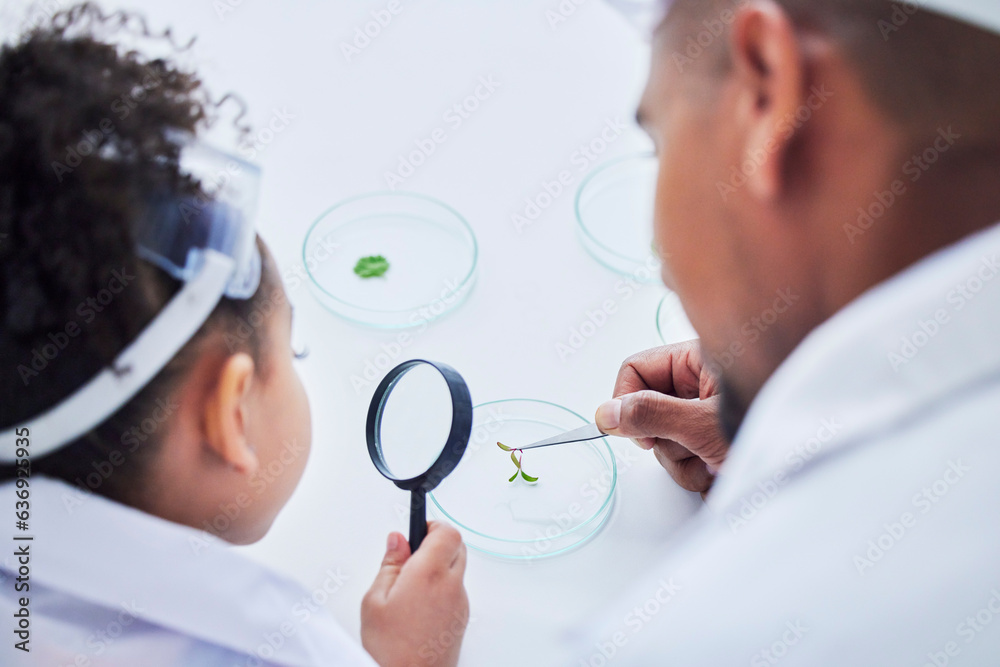 Plant study, father and child with magnifying glass for eco learning, research and science. Scientis