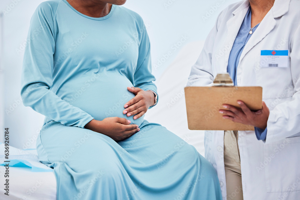 Pregnant woman, doctor hands and checklist in hospital consulting, gynecology service and healthcare