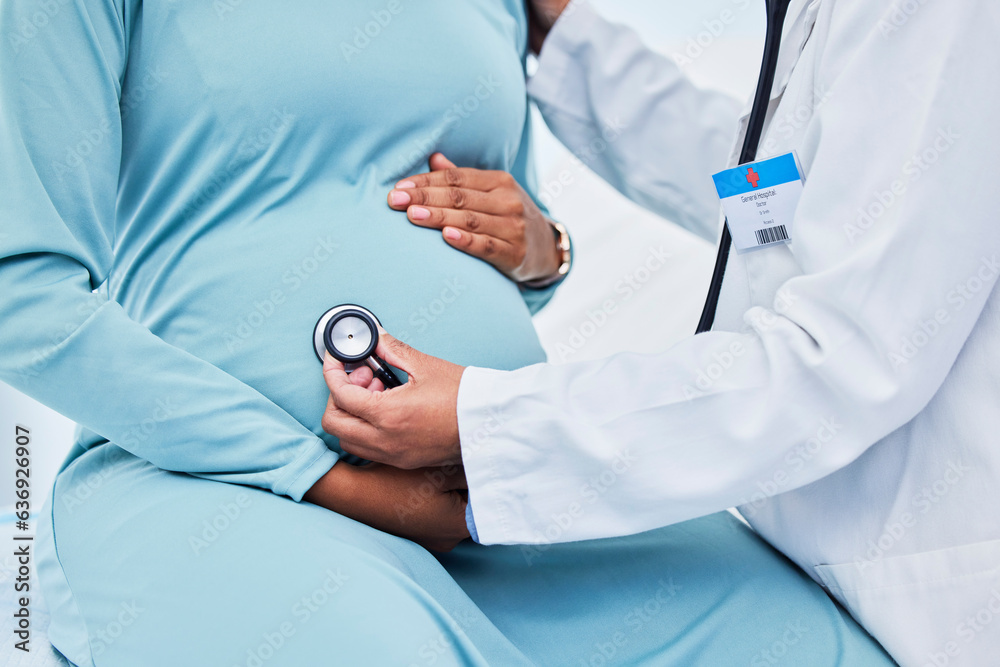 Pregnant woman, doctor hands and stethoscope in hospital consulting, gynecology services or listenin