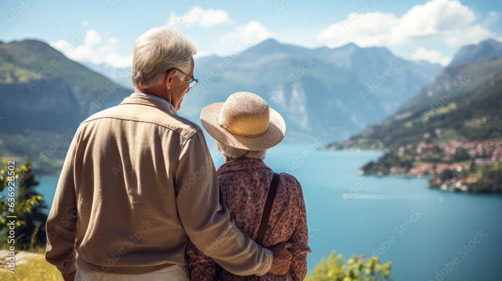 Senior couple, moutains and lake view background