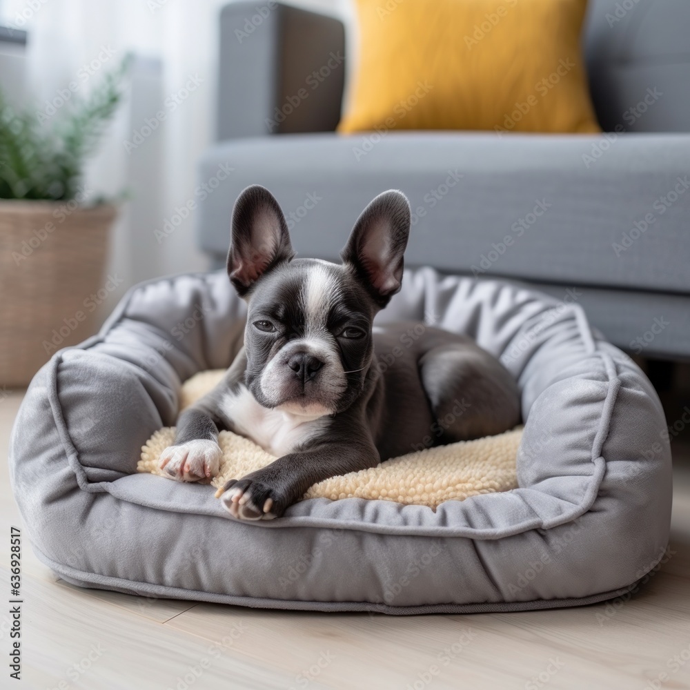 dog sleeps in a gray lounger.