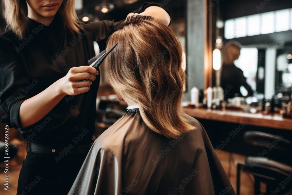 hairdresser cutting woman in salon.