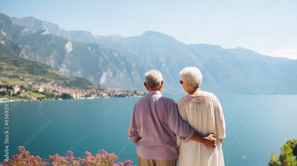 Senior couple, moutains and lake view background