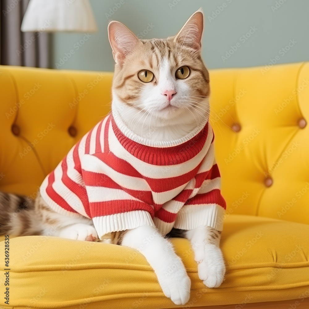 red striped cat sits in a white sweater on a yellow sofa.