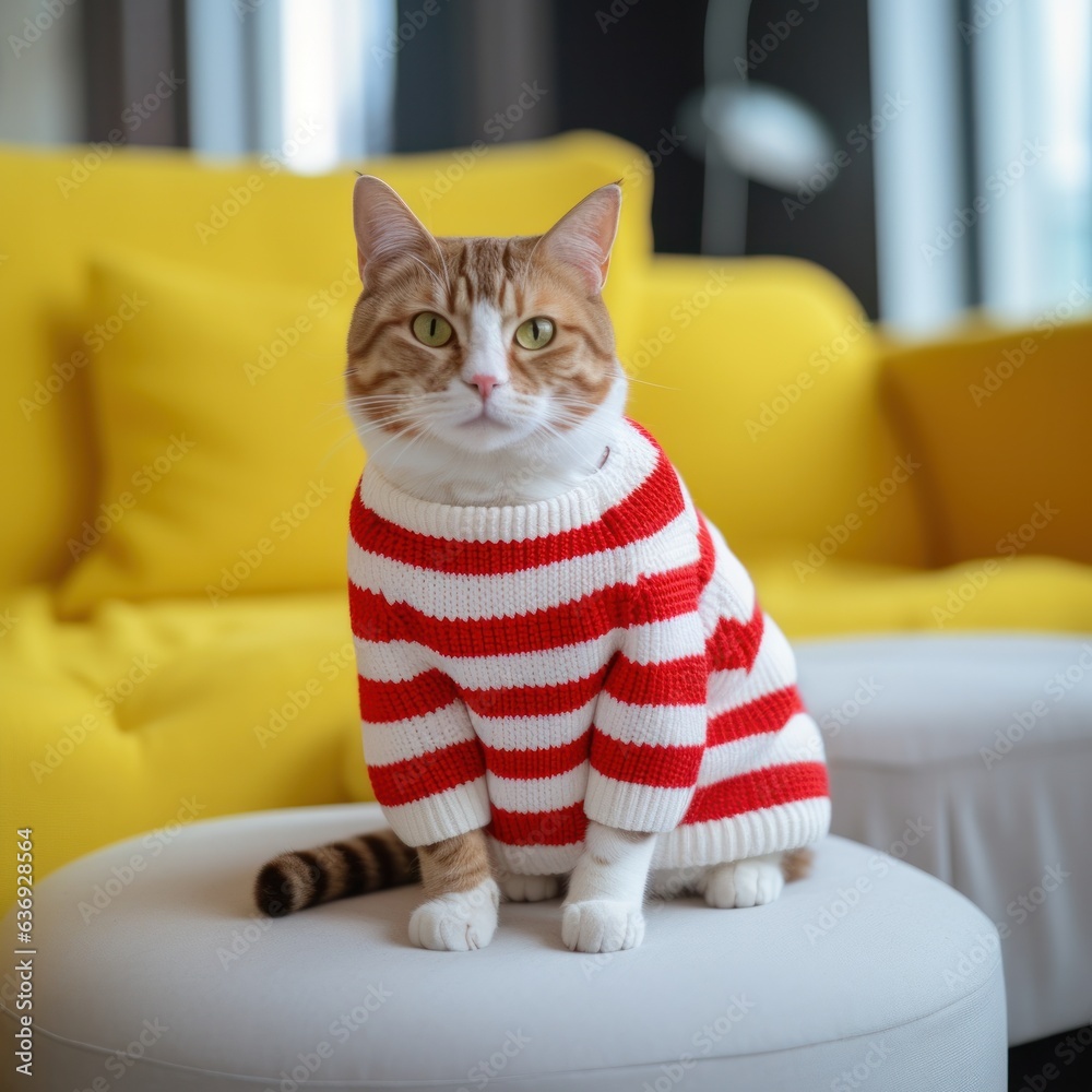 red striped cat sits in a white sweater on a yellow sofa.