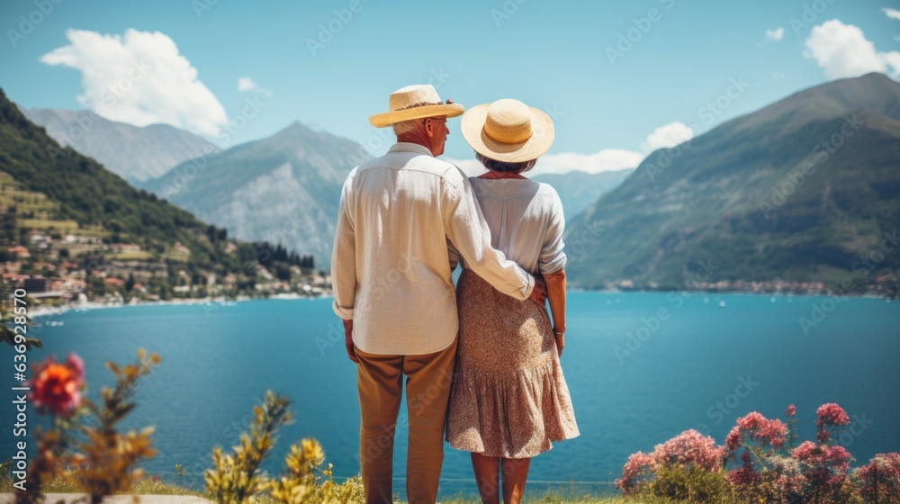 Senior couple, moutains and lake view background