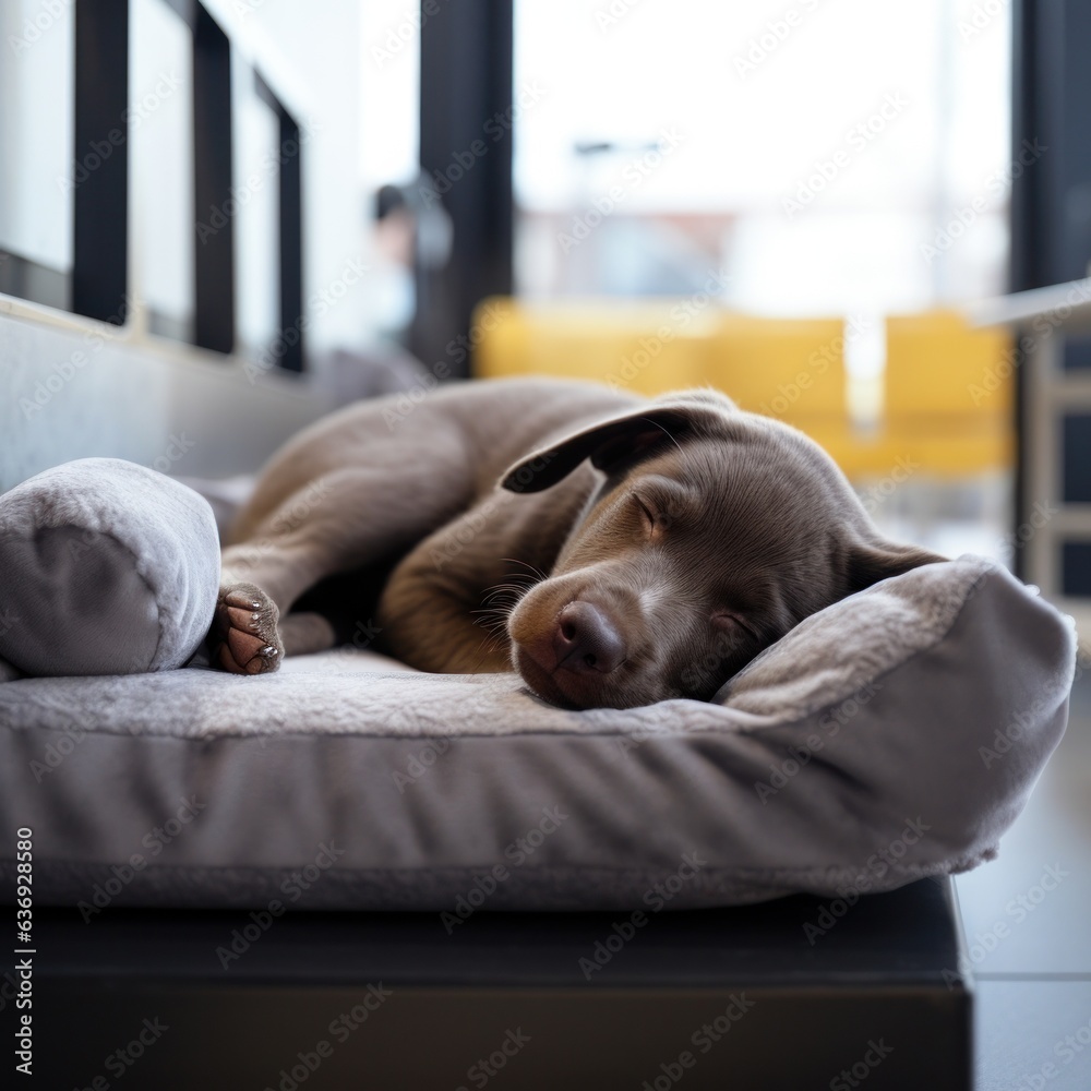 dog sleeps in a gray lounger.