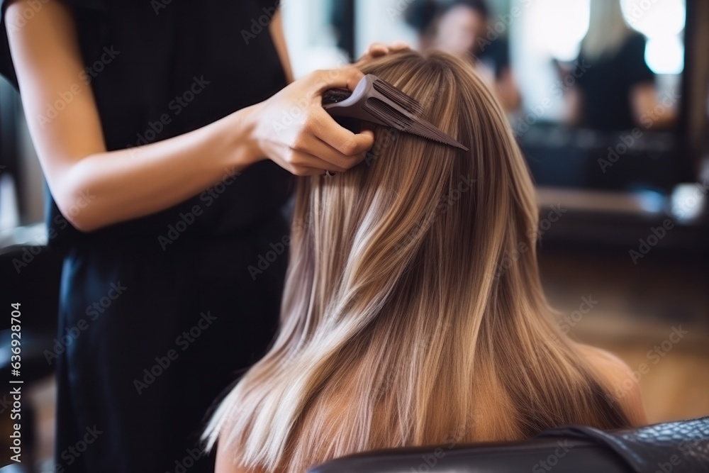 hairdresser cutting woman in salon.