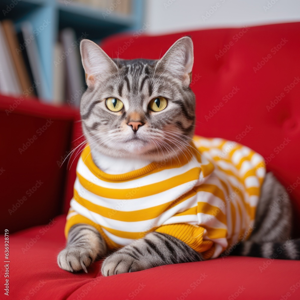 red striped cat sits in a white sweater on a yellow sofa.