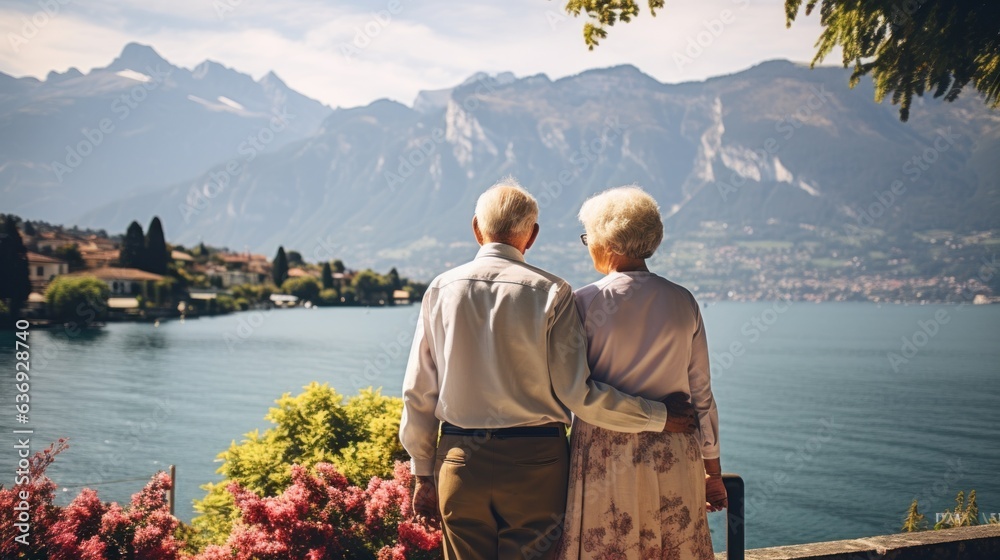 Senior couple, moutains and lake view background