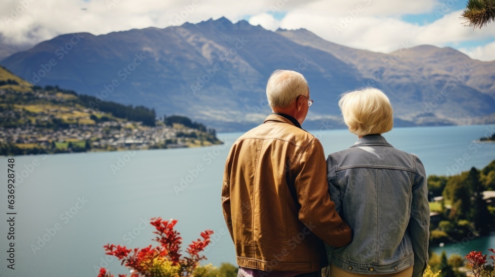 Senior couple, moutains and lake view background