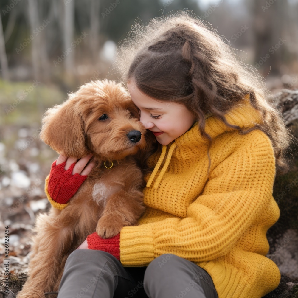 girl in a yellow sweater with curly hair hugging a dog