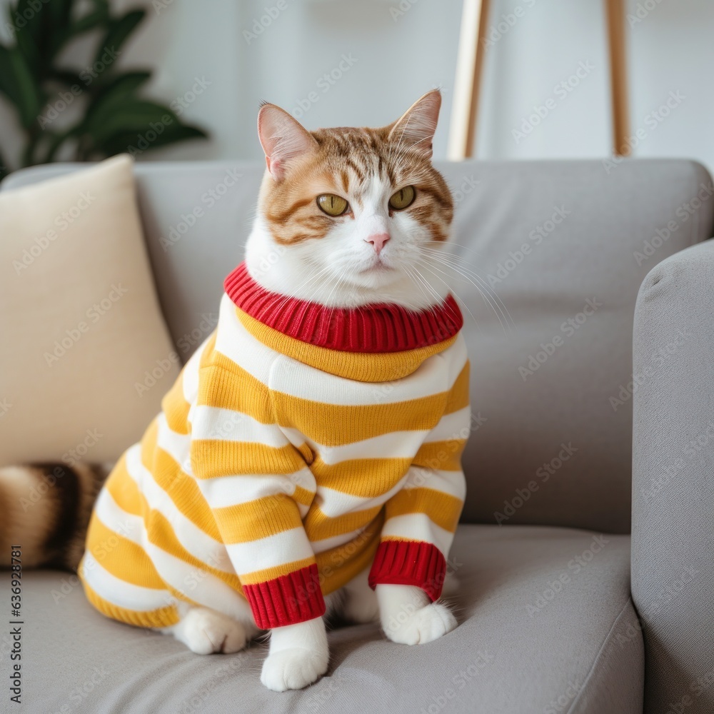 red striped cat sits in a white sweater on a yellow sofa.