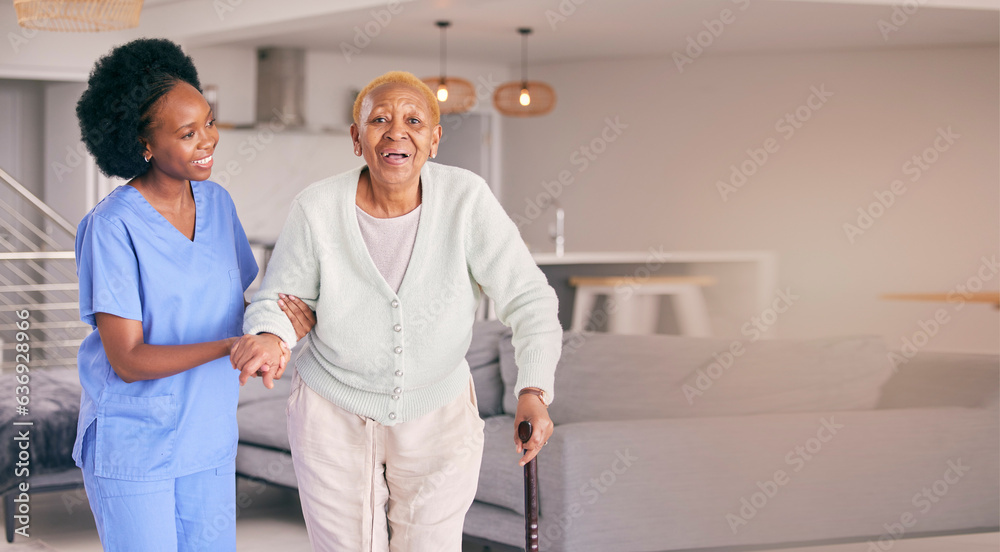 Nurse, portrait and senior black woman with cane, help and smile in home. Caregiver, support and eld