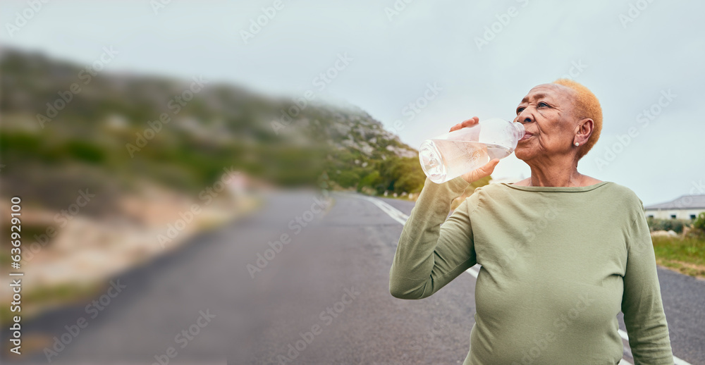 Road, fitness or black woman drinking water in fitness training, workout or exercise for health. Mat