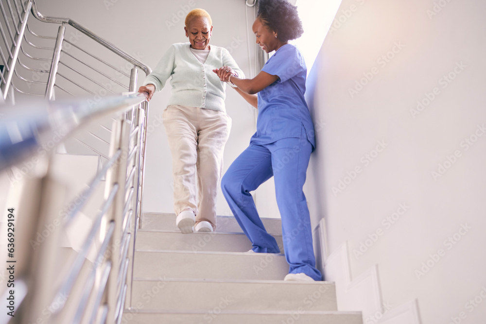 Steps, nurse and help elderly woman, holding hands and assistance in home. Caregiver, stairs and sen