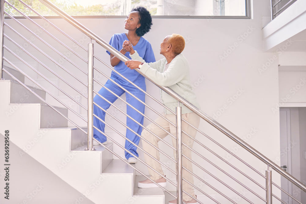 Stairs, nurse and help senior woman, holding hands and assistance in home together. Caregiver, steps