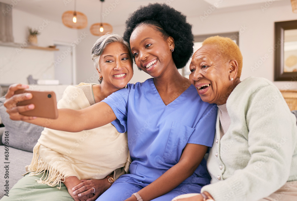 Selfie, caregiver and senior women on sofa smile for social media, online post and profile picture t