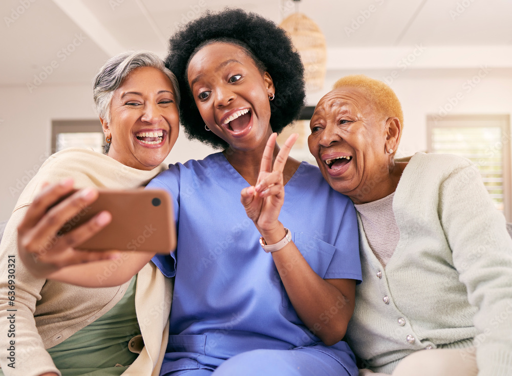 Selfie, caregiver and senior women with peace sign for social media, online post or profile picture 