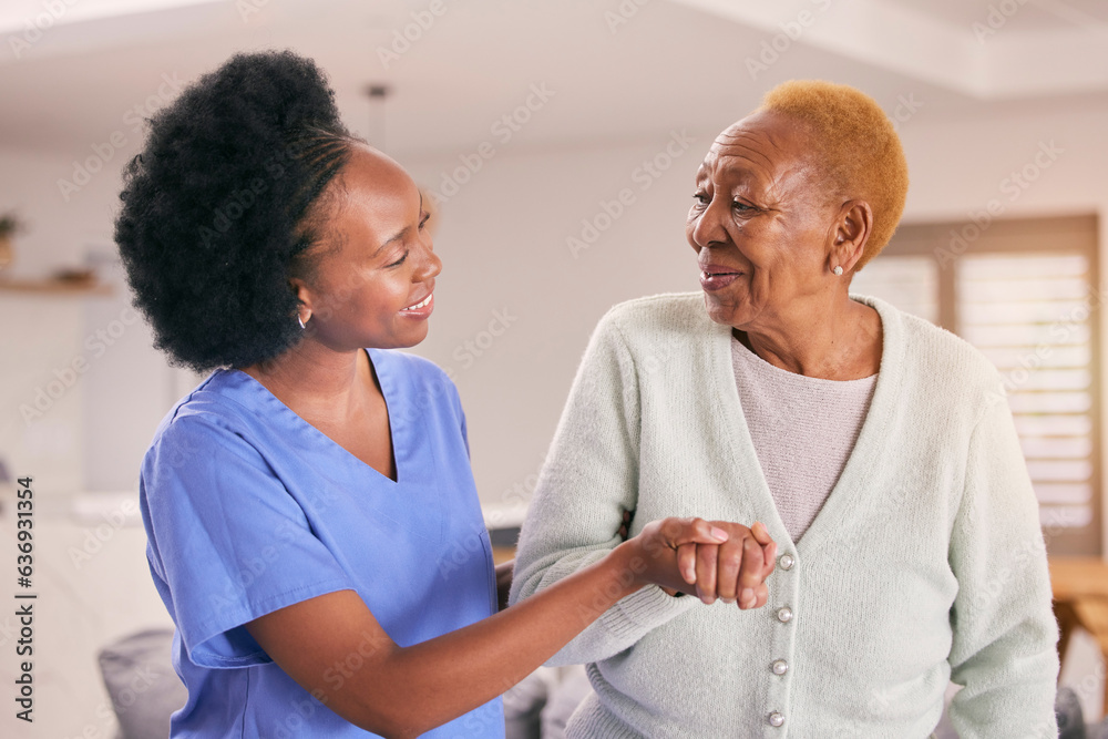 Help, nurse and holding hands of senior black woman, care and smile in house together. Caregiver, su