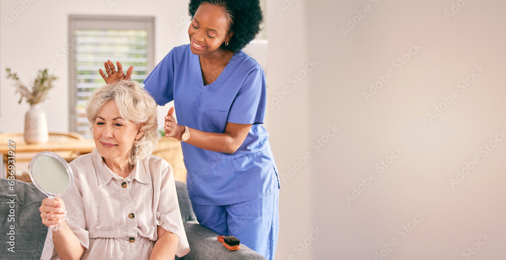 Nurse, senior woman and hair care by mirror in home living, happy for reflection or mockup space. Ca