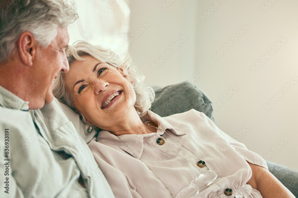 Love, happy or old couple smile in home living room bonding together to relax on holiday with suppor