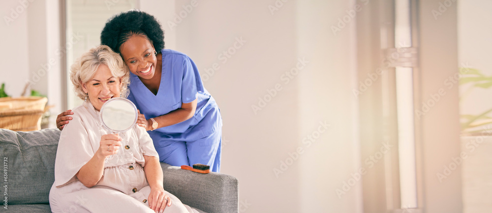 Elderly woman, nurse and hair care on mirror in home living, happy for reflection or mockup space. C