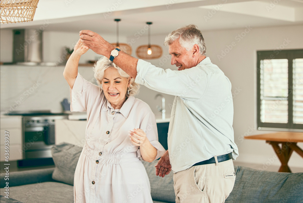 Holding hands, relax or happy old couple dancing for love or fun in marriage at home together. Joy, 