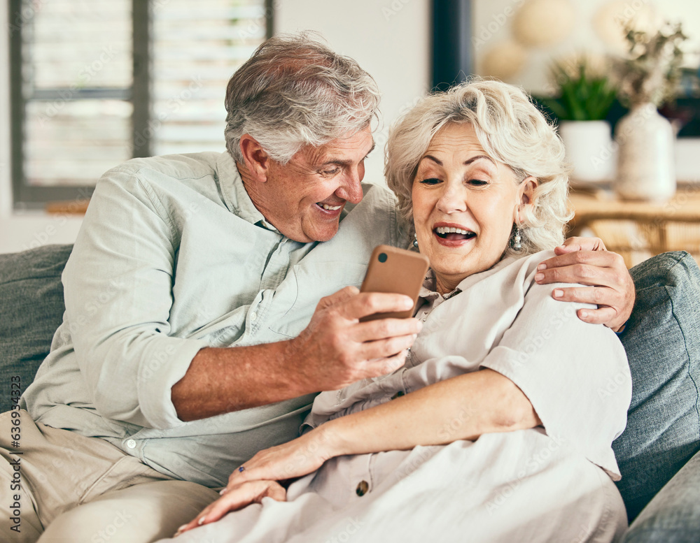 Relax, phone and funny with old couple on sofa for streaming, social media and communication. Excite