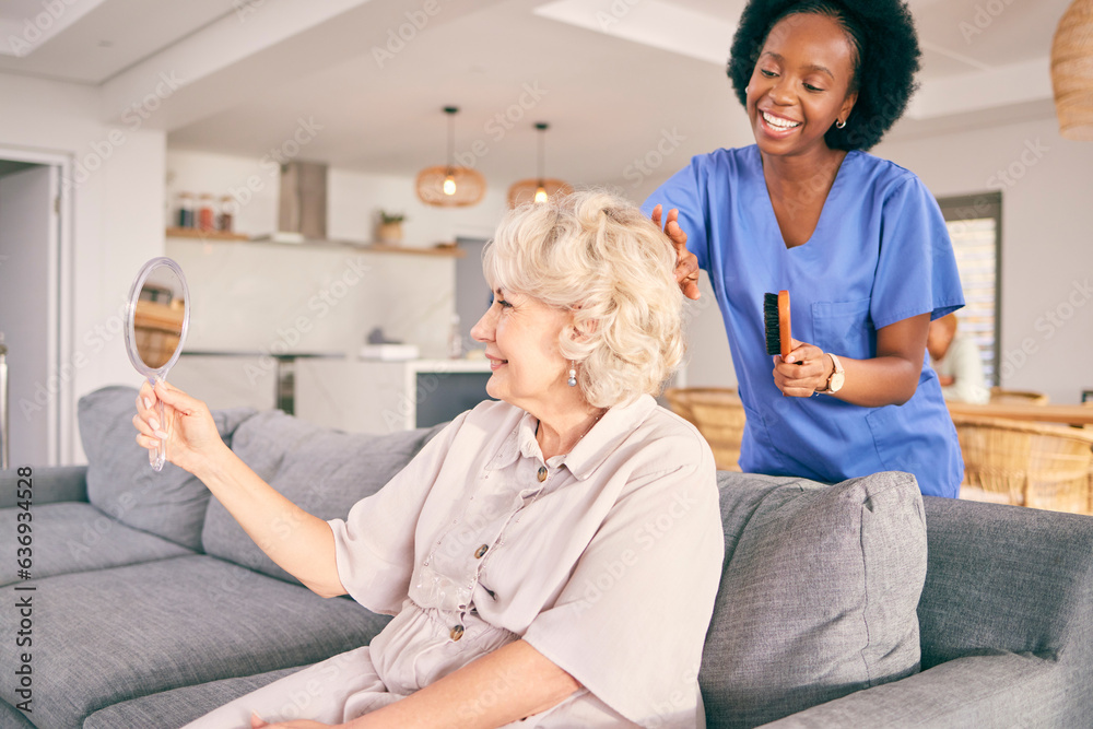 Caregiver brush hair of senior woman in the living room of the modern retirement home for self care.