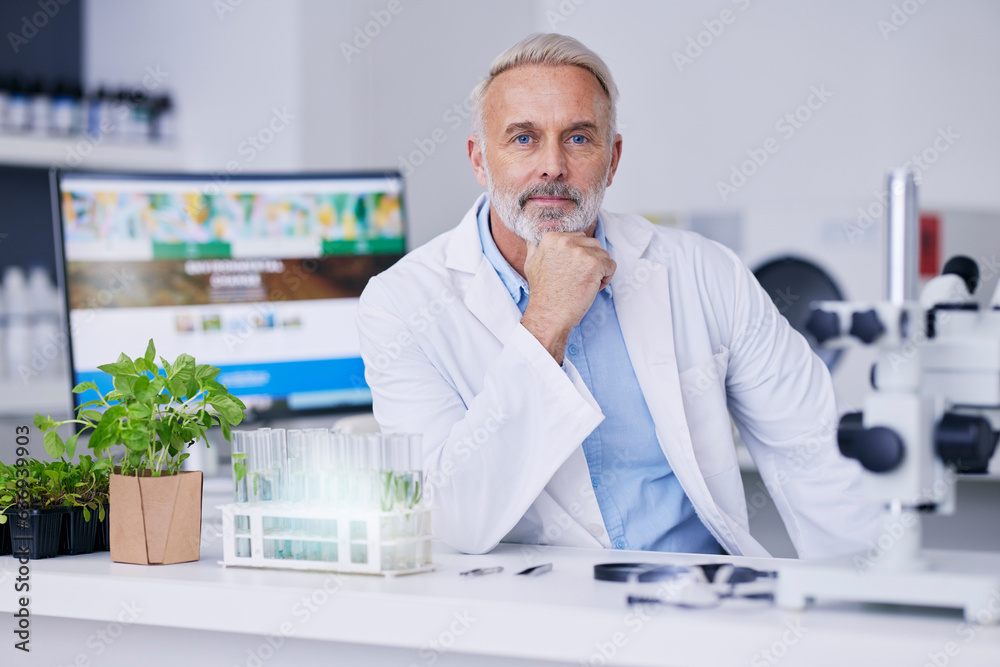 Portrait, mature scientist and man in laboratory for research, working and experiment of plants. Fac