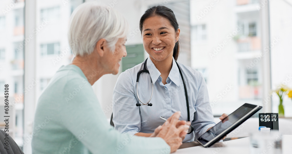 Talking, doctor or elderly patient with tablet for results, digital report or health report history 