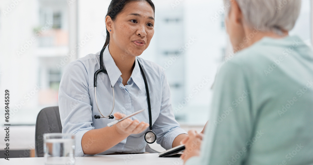 Medical consultation, tablet and senior woman, doctor and talk to patient, explain hospital services