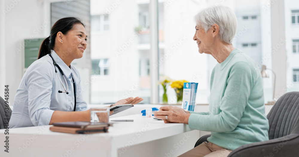 Medical consultation, tablet and senior woman, doctor and talk to patient, explain hospital services