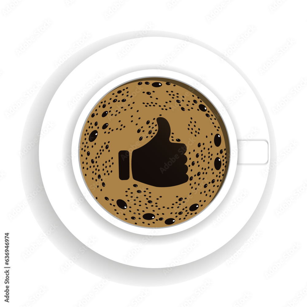 Top view of a coffee cup with foam in the creative  symbol shape of thumb up. Fresh espresso icon. V