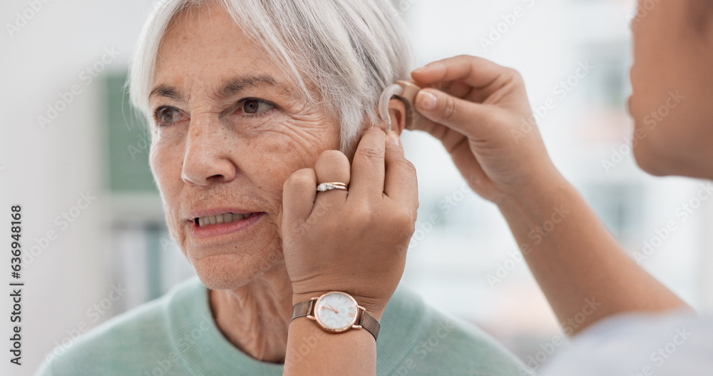 Old woman, doctor hands and patient with hearing aid, help and support with healthcare in clinic. Pe