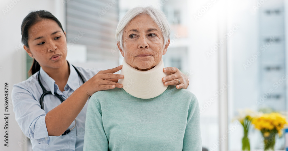 Doctor, senior woman and neck brace after injury, accident or hospital emergency. Medical profession