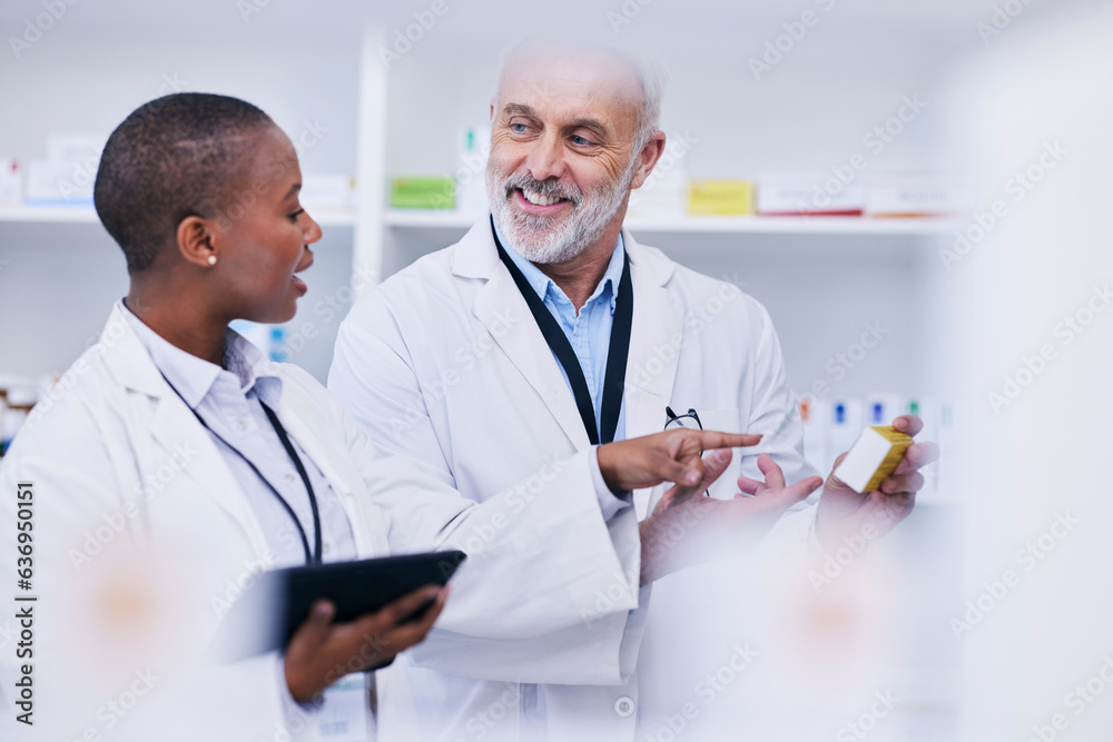 Conversation, tablet and pharmacists checking medication for inventory, stock or medical research. H