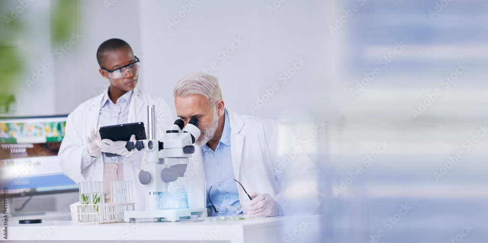 Science, black woman with mockup and man with microscope, biotech and digital research in plants for