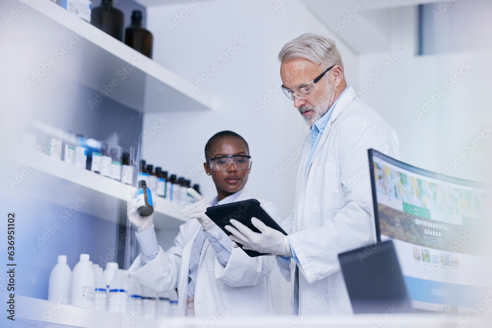 Science, black woman and man with tablet in laboratory for inventory list of chemicals for biotech r