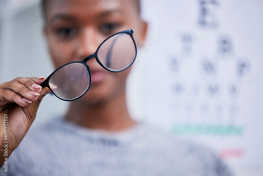 Optometry, eyesight and black woman with glasses for vision, eye care and optical health in clinic. 