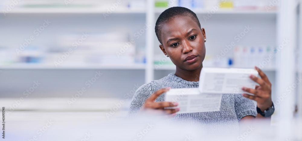 Pharmacy, product choice and black woman, customer or client reading pills box label, instruction or