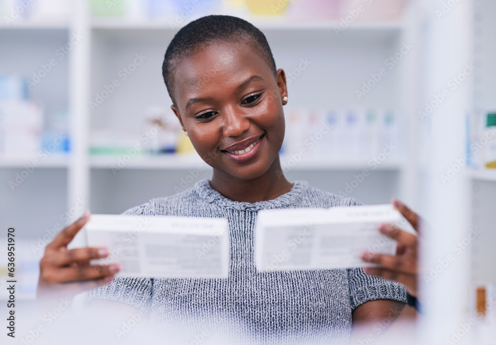 Pharmacy, product choice and happy black woman, customer or client reading package, box or pharmaceu